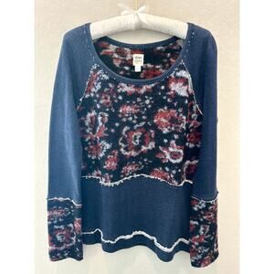 DYLAN BY TRUE GRIT | Blue Mixed Media Wool Floral Boho Long Sleeve Top | Large
